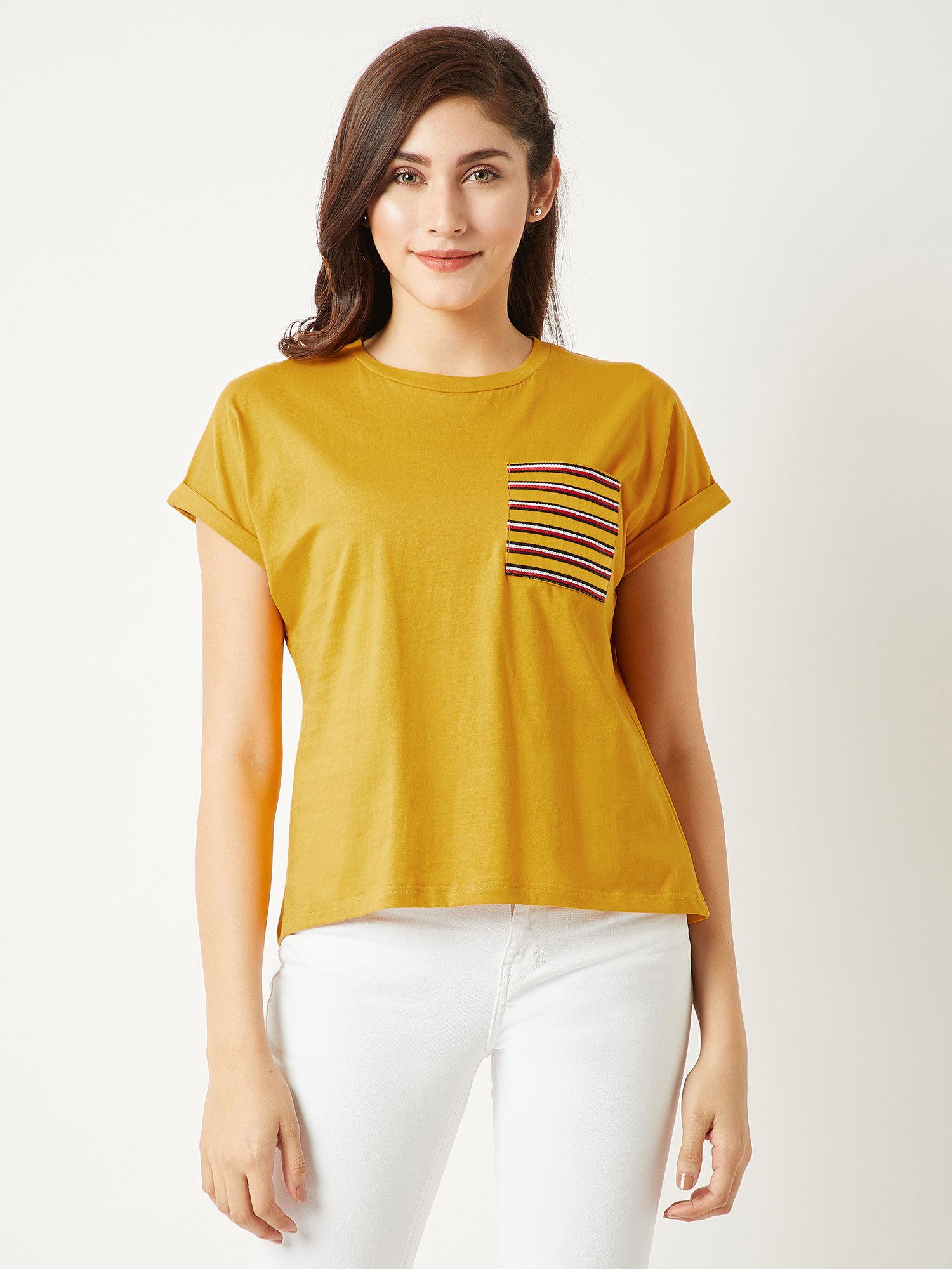 womens yellow round neck continuous short sleeve cotton solid twill pocket t-shirt