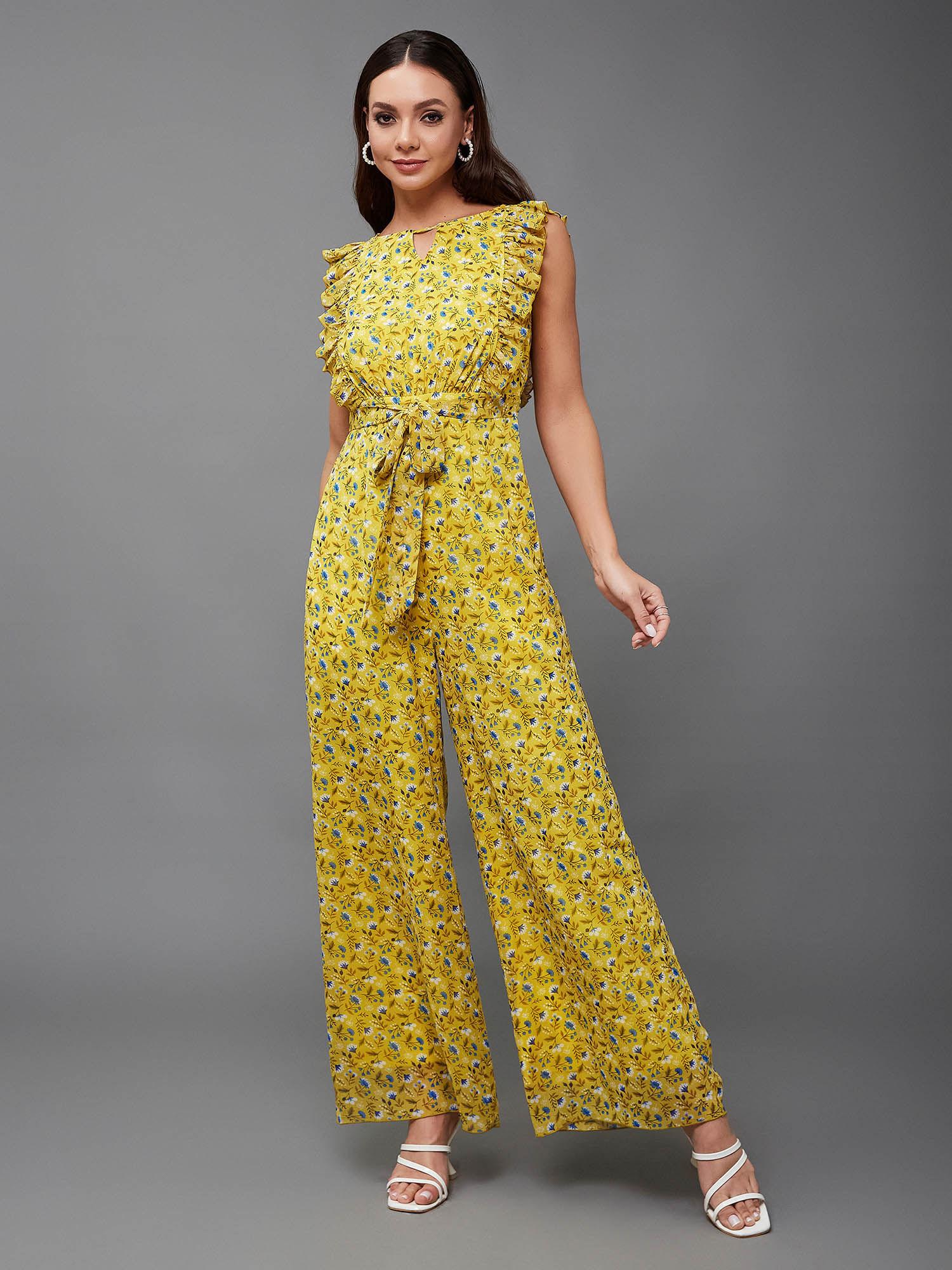 womens yellow round neck floral wide leg jumpsuit