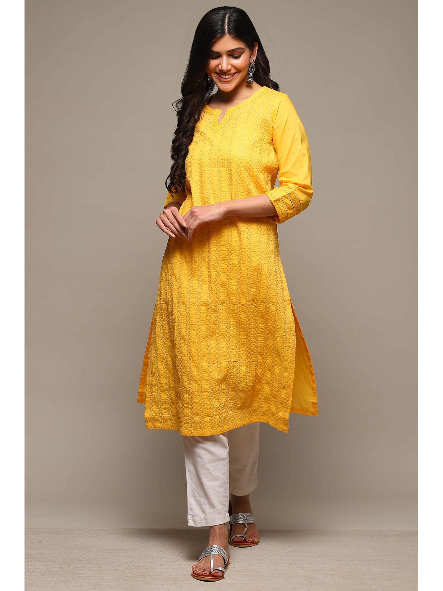 womens yellow solid cotton straight kurta