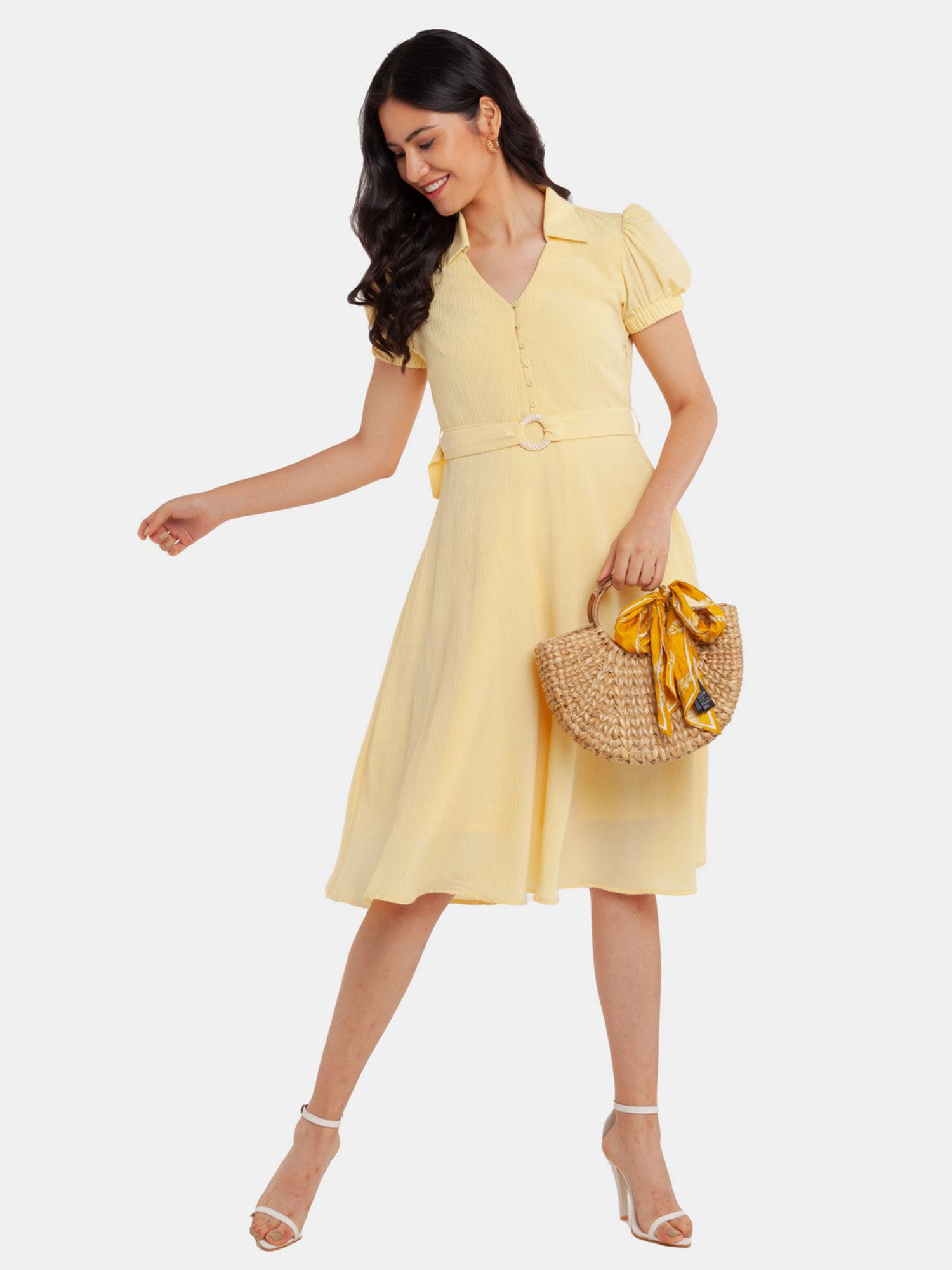 womens yellow solid regular midi dress with belt (set of 2)