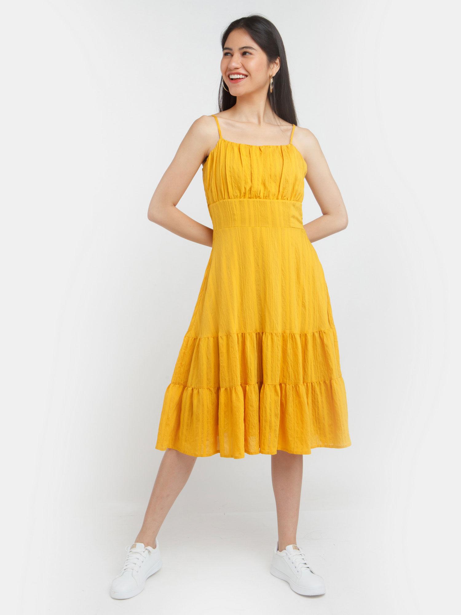 womens yellow solid sleeveless midi dress