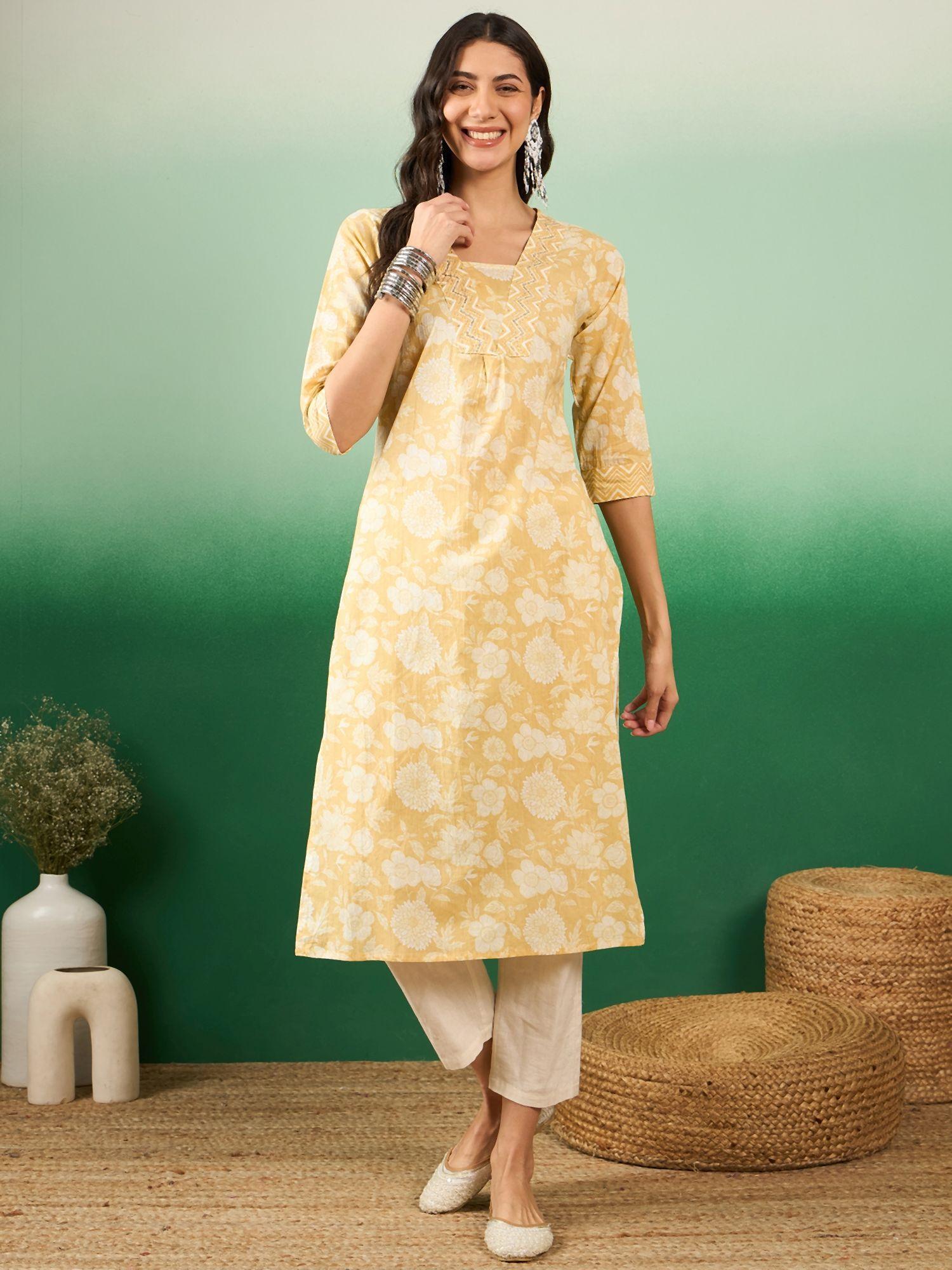 womens yellow v neck sequined floral printed straight kurta
