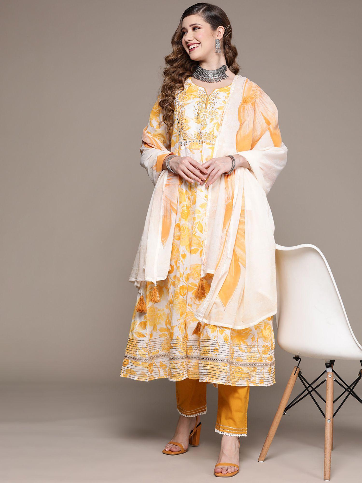 womens yellow yoke embroidered anarkali kurta with trouser & dupatta (set of 3)