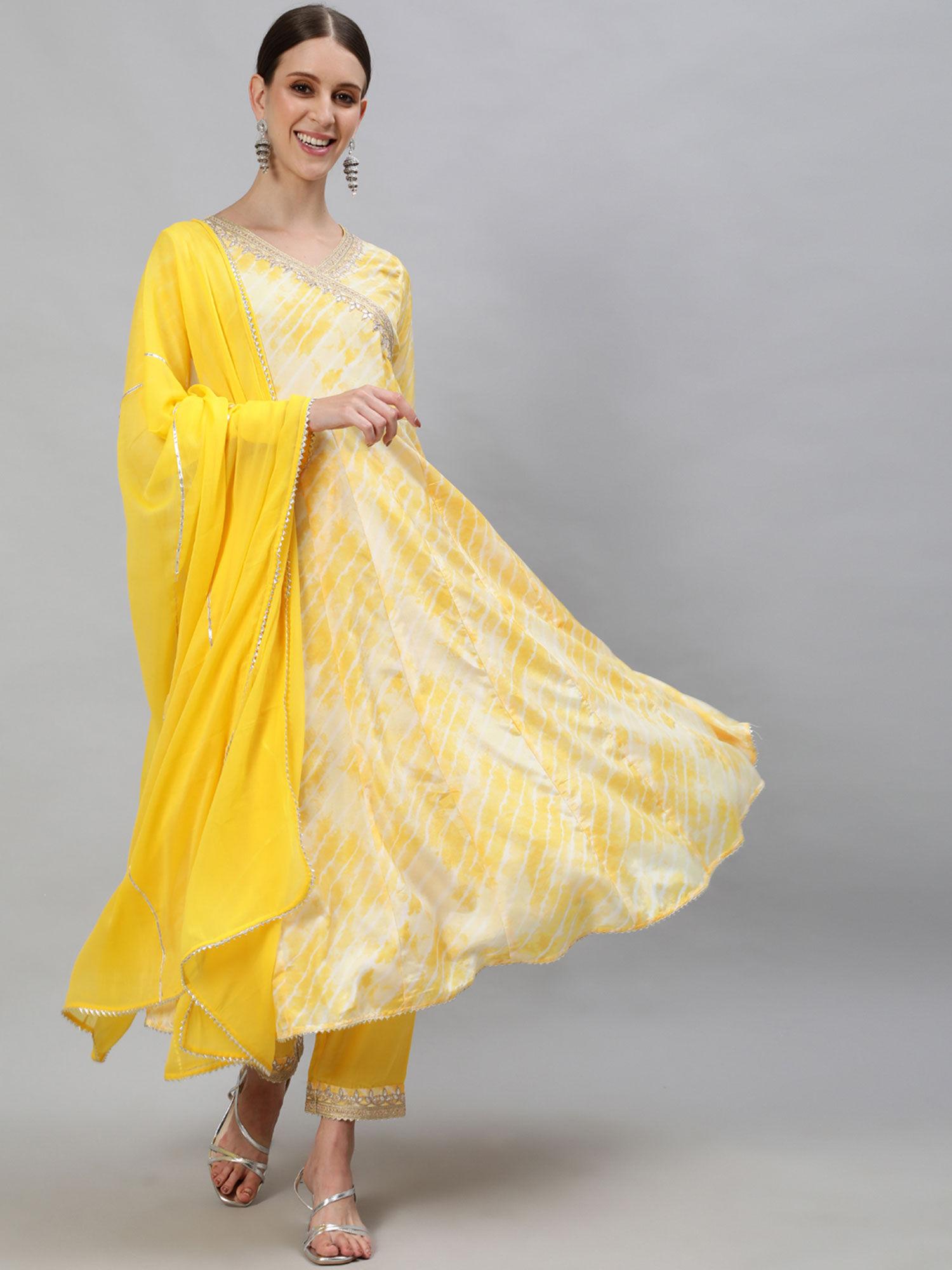 womens yellow zari embroidered tie & dye anarkali kurta trouser dupatta (set of 3)