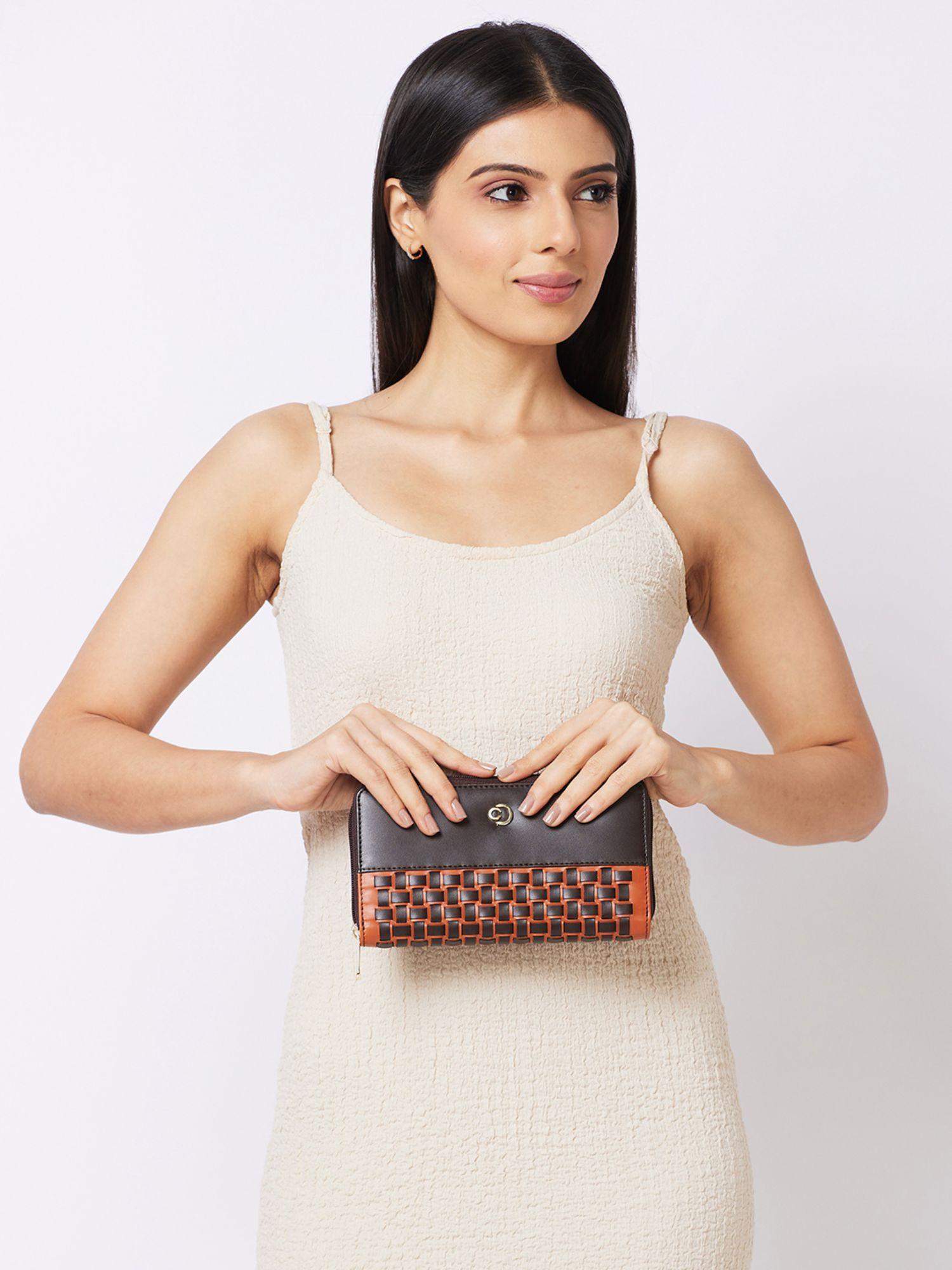 womens zeta zip around large chocolate brown quilted wallet