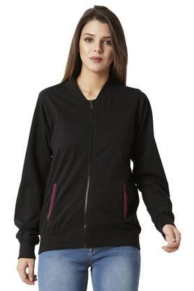 womens zip through neck twill tape detailing solid bomber jacket - black