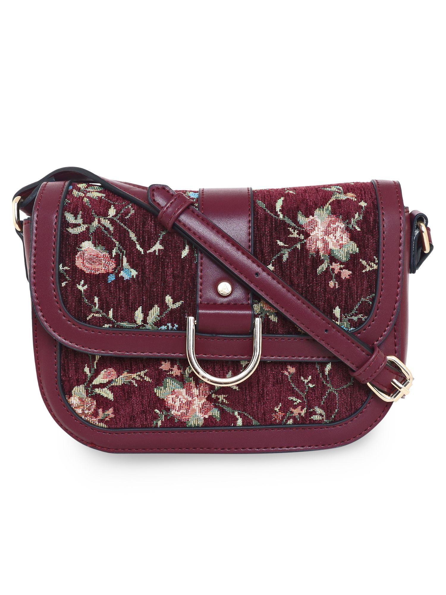 womensfaux leather maroon floral tapestry sling bag