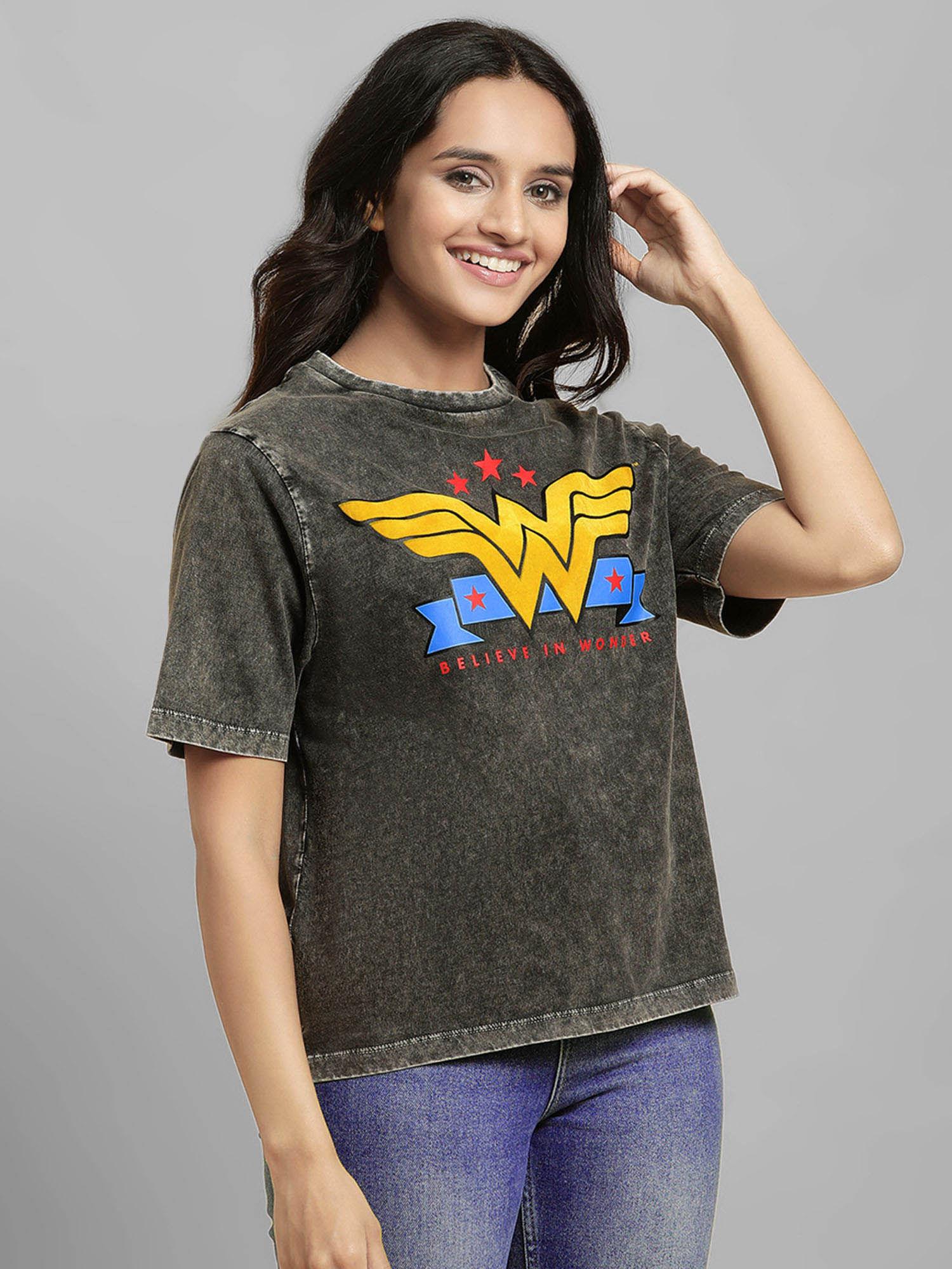 wonder woman graphic printed grey t-shirt for women