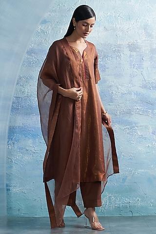 wood brown linen & cotton shimmer a-line kurta set