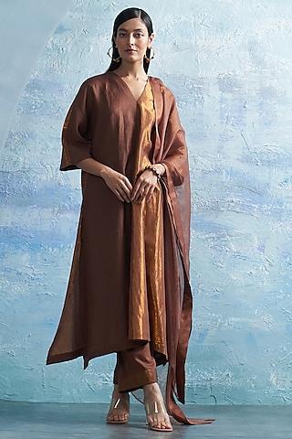 wood brown linen & cotton shimmer kurta set