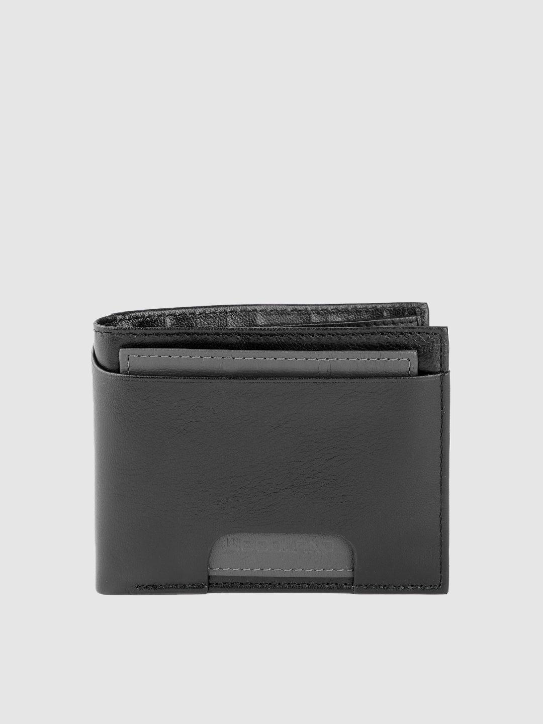 woodland men black & grey solid leather two fold wallet