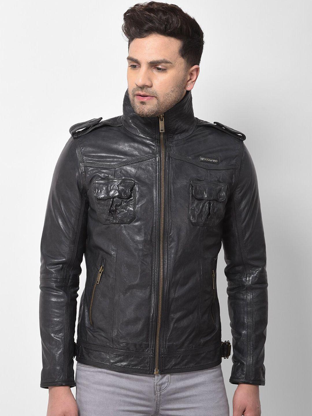 woodland men black leather water resistant leather jacket