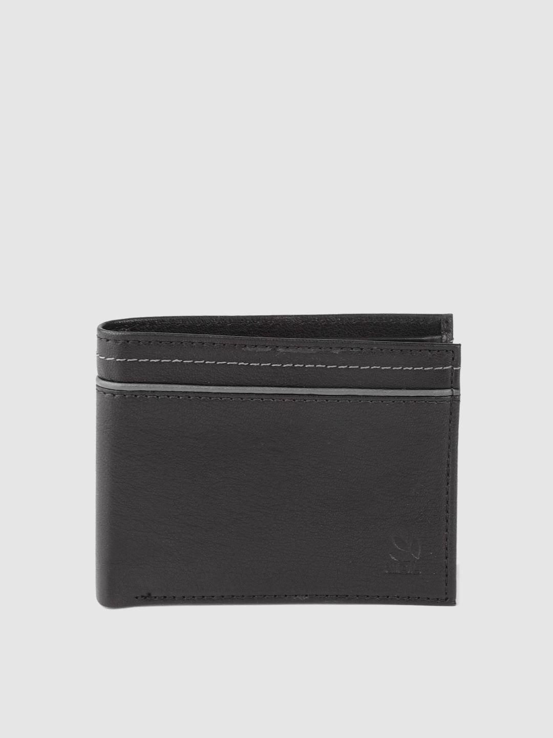woodland men black solid leather two fold wallet