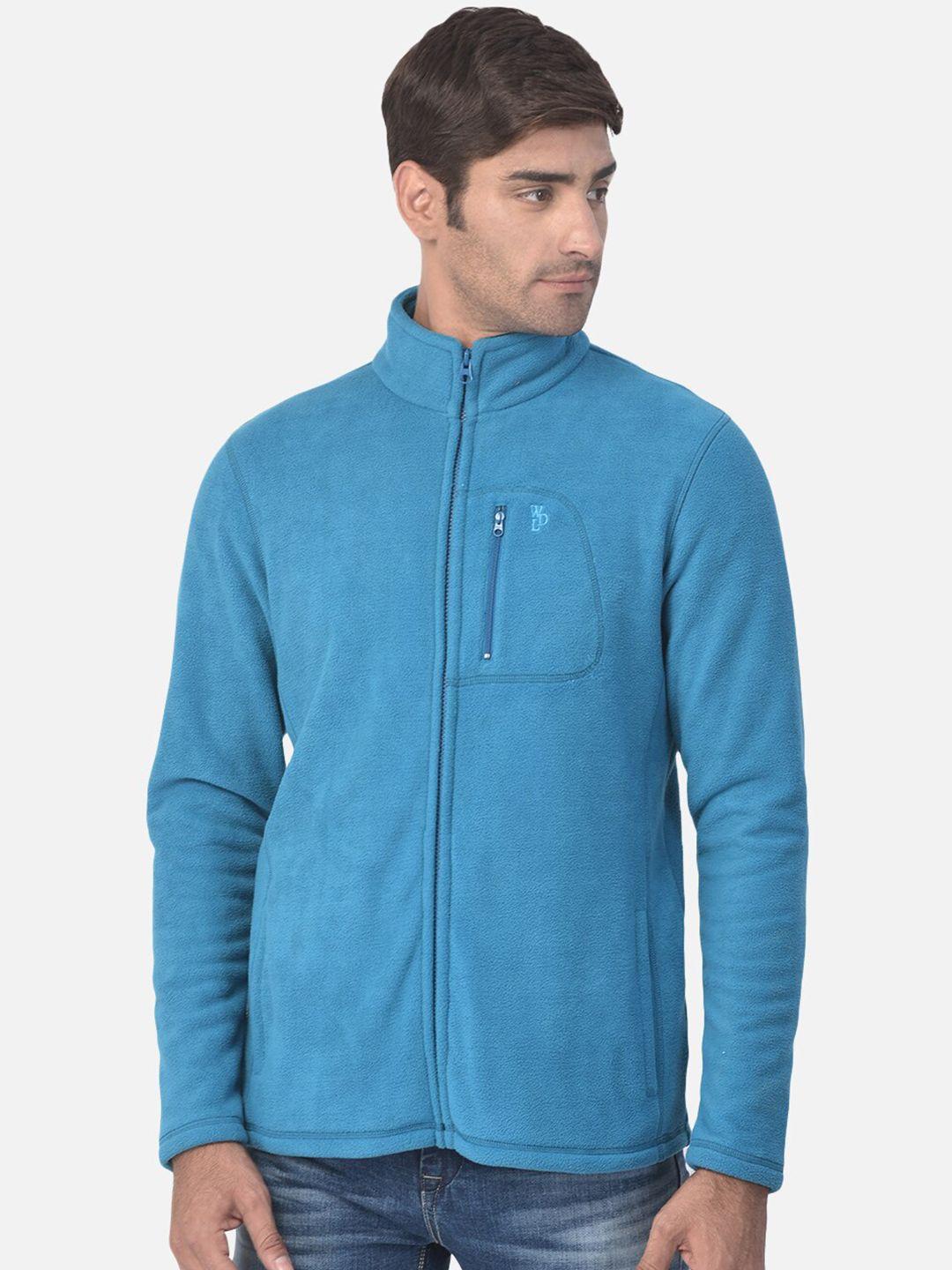 woodland men blue solid front-open sweatshirt