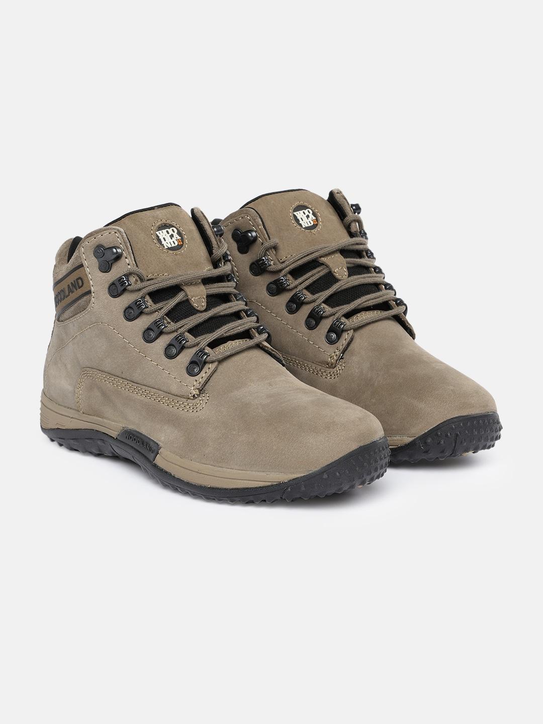 woodland men khaki solid leather mid-top sneakers