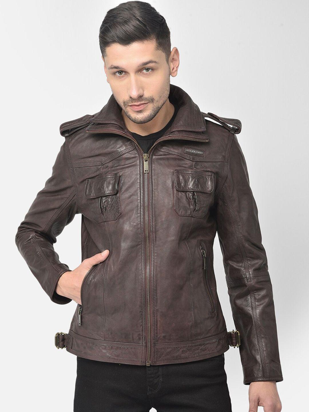woodland men maroon water resistant leather jacket