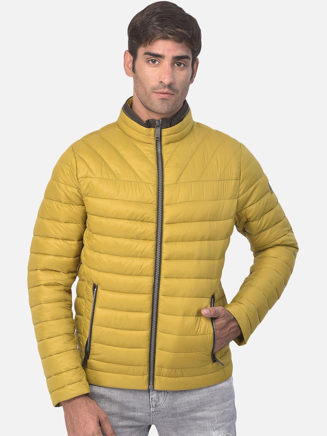 woodland-men-mustard-striped-water-resistant-puffer-jacket