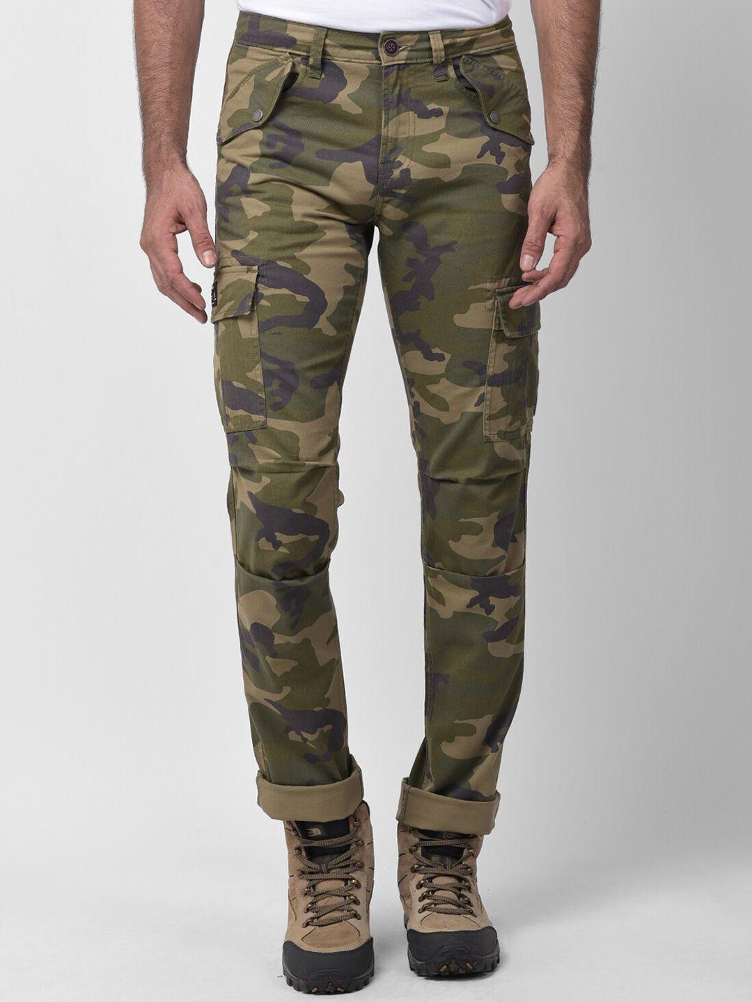 woodland men olive green camouflage printed pure cotton cargos trousers