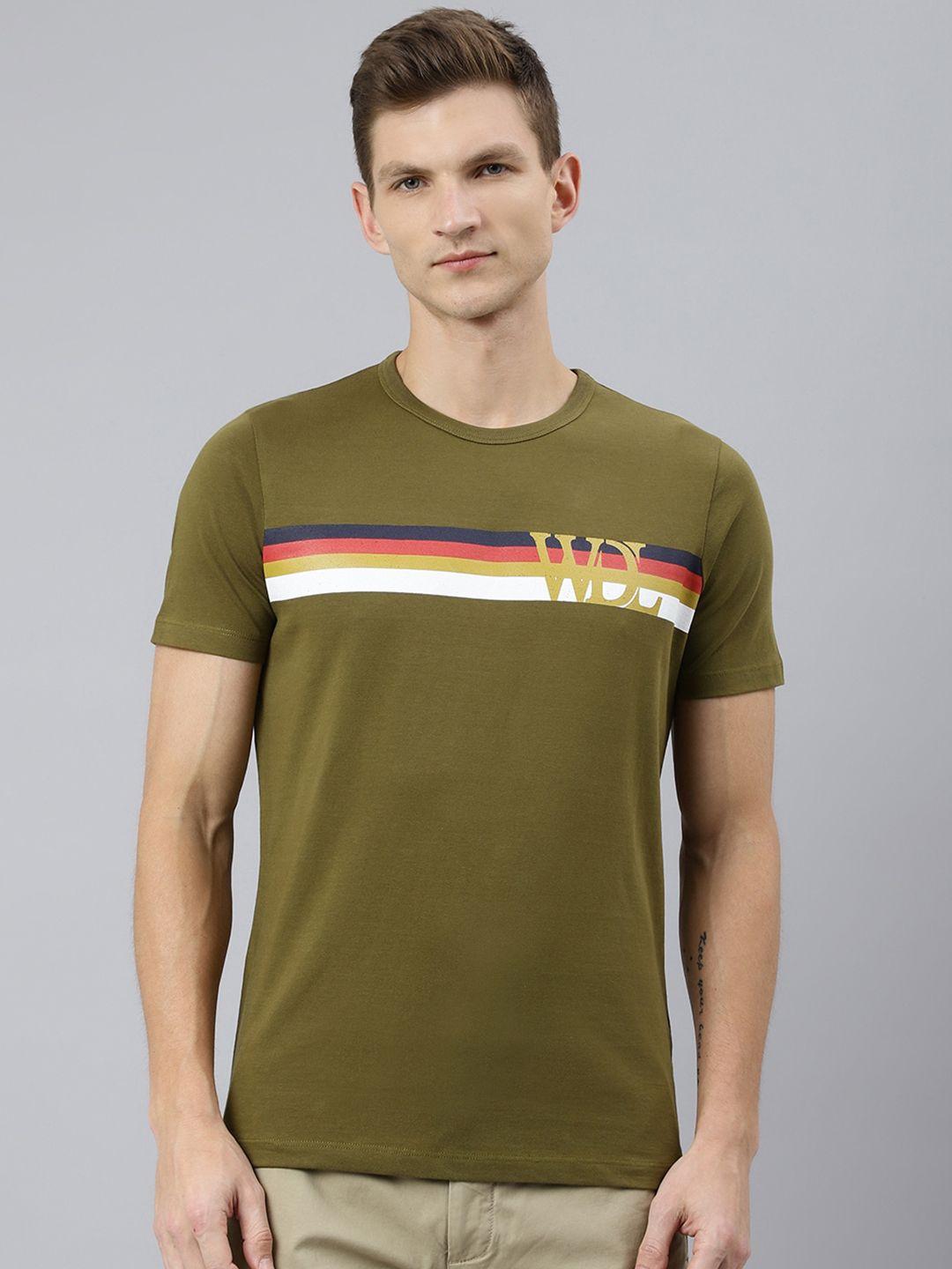 woodland-men-olive-green-typography-striped-t-shirt