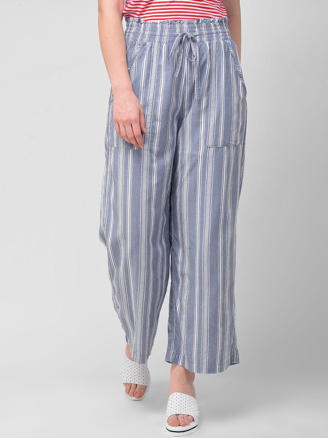 woodland women blue & white striped mid-rise trousers
