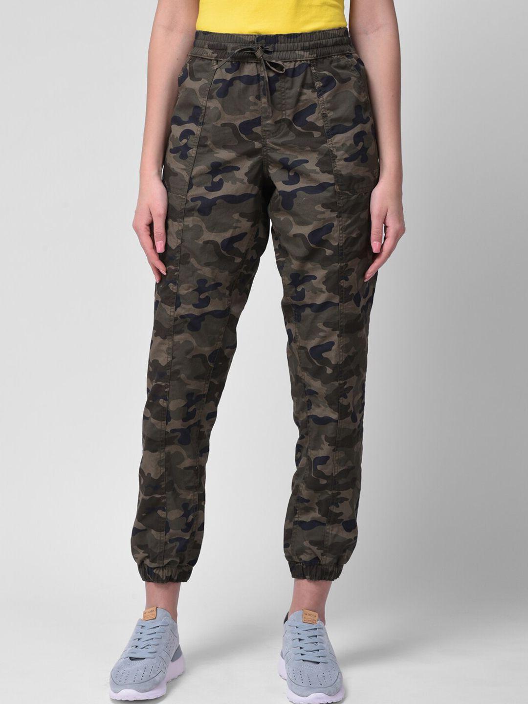 woodland women olive green camouflage printed joggers pure cotton trousers