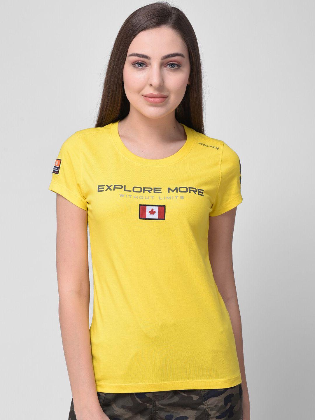 woodland-women-yellow-typography-print-regular-fit-cotton-t-shirt