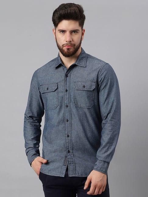 woodland blue cotton regular fit textured shirt