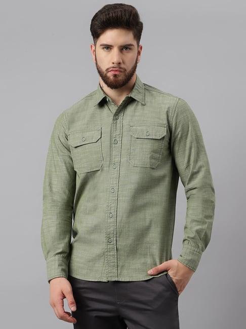 woodland green cotton regular fit textured shirt