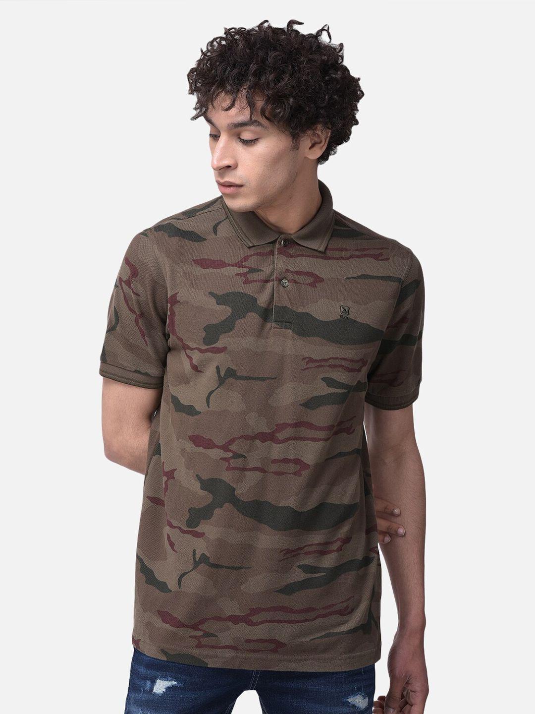 woodland men brown & olive green camouflage printed polo t-shirt