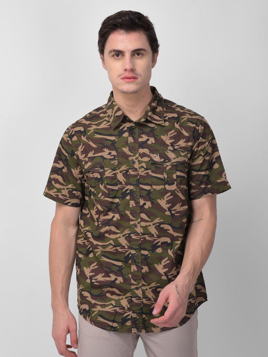 woodland men brown camouflage printed pure cotton casual shirt