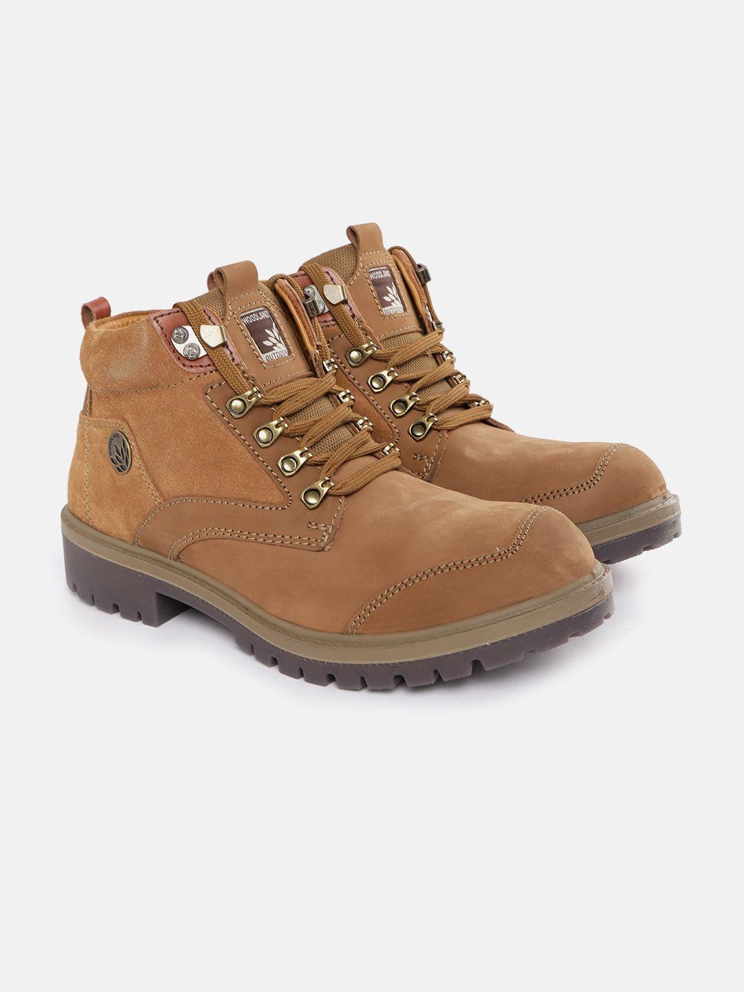 woodland men camel brown solid leather mid-top flat boots