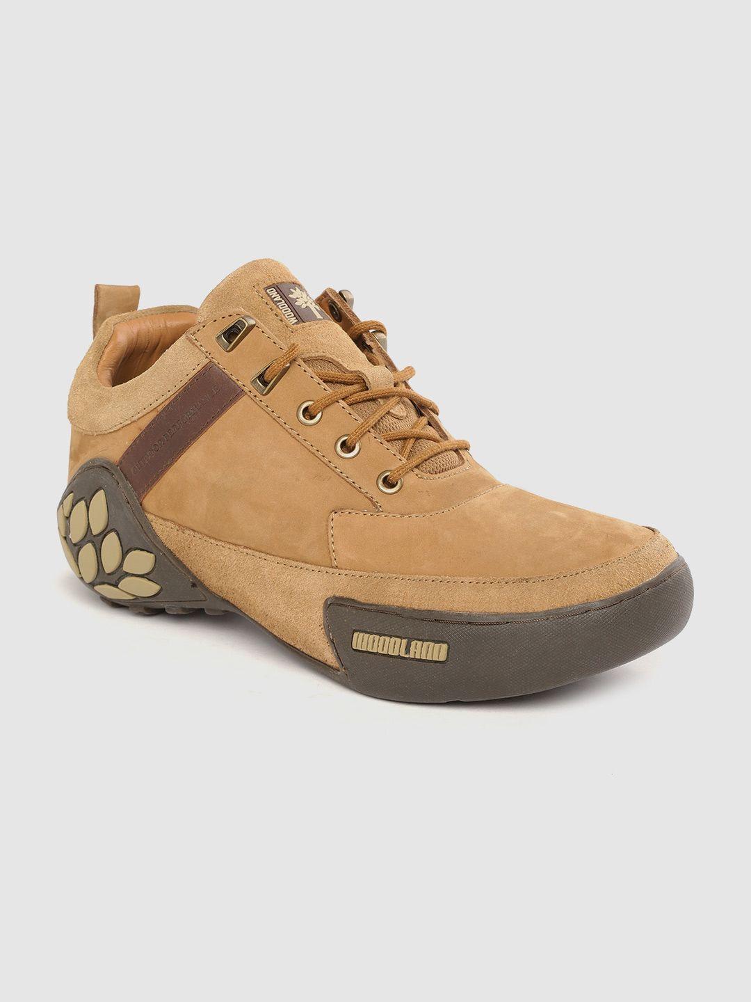 woodland men camel brown solid leather sneakers