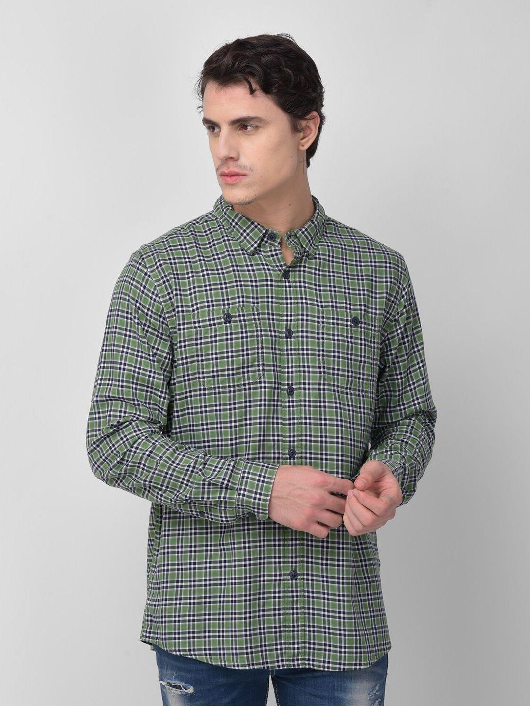 woodland men green & navy blue checked pure cotton casual shirt