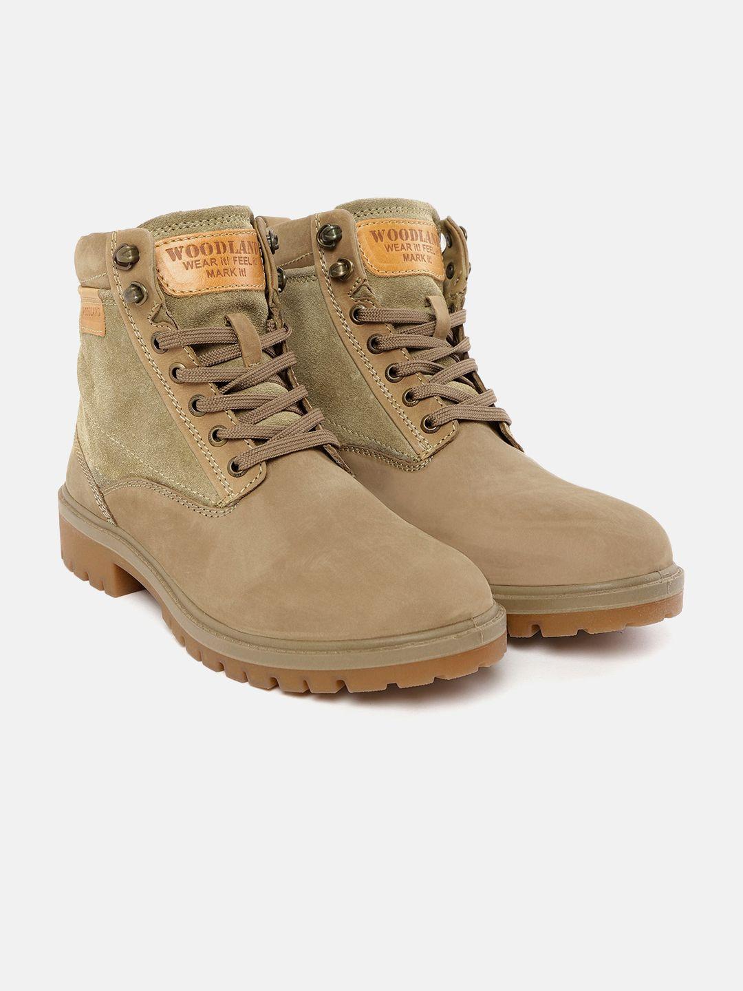 woodland men khaki & light olive green solid nubuck mid-top wide fit flat boots