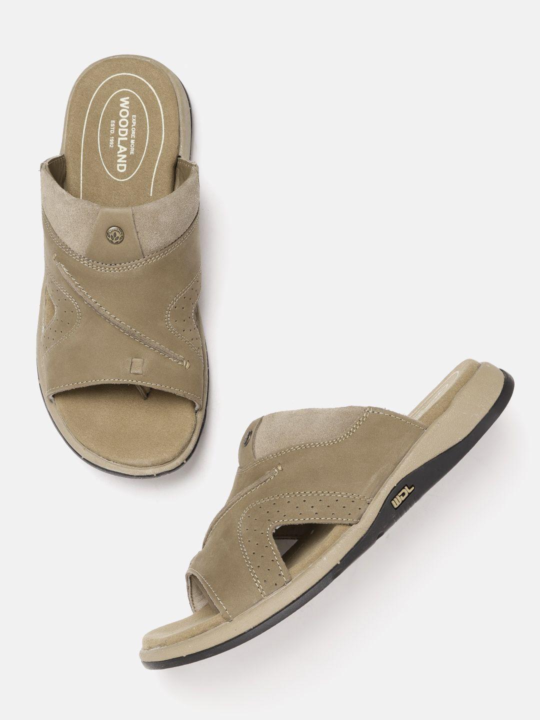 woodland men khaki leather perforated detail comfort sandals