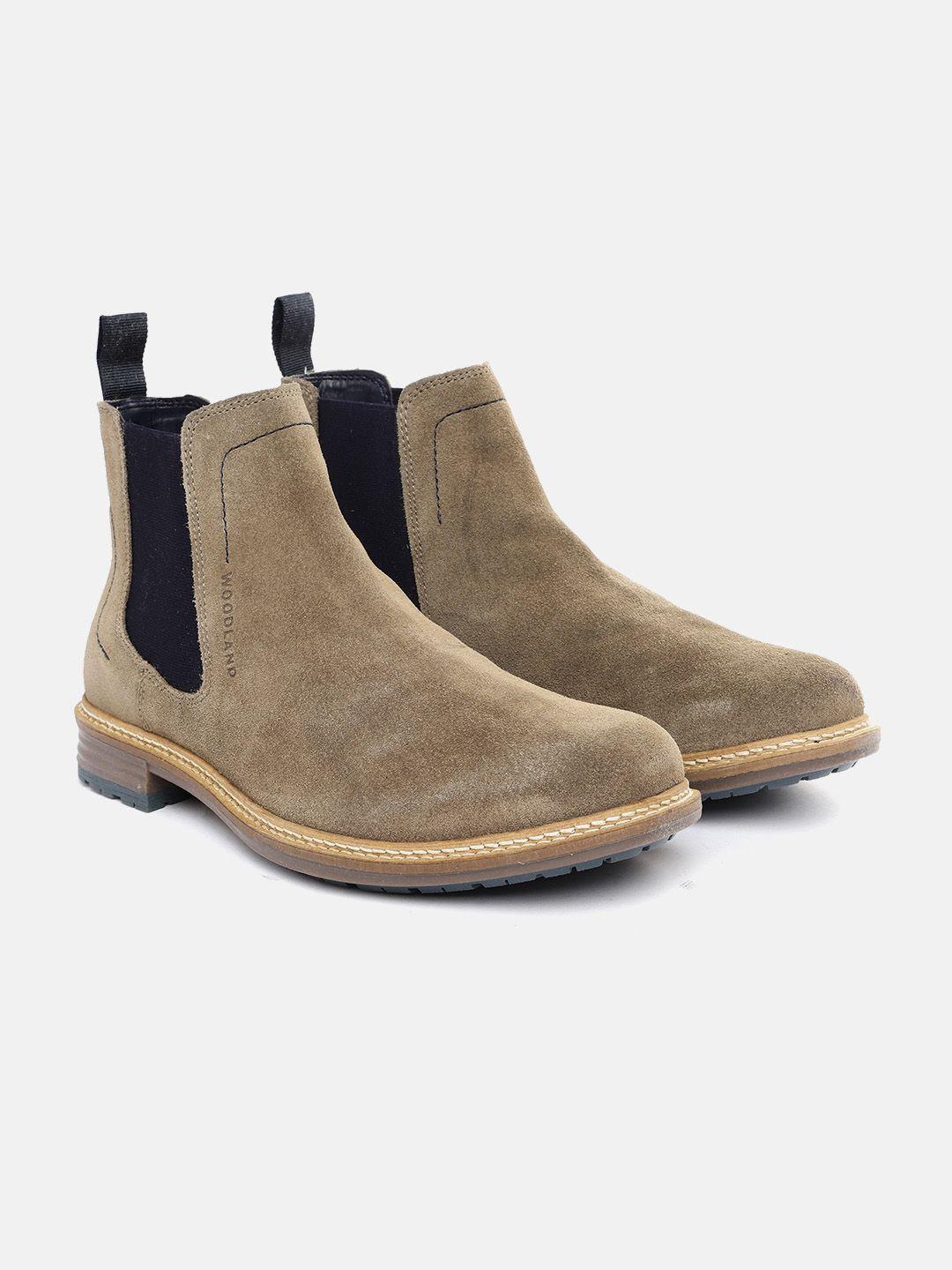 woodland men khaki suede mid-top chelsea boots