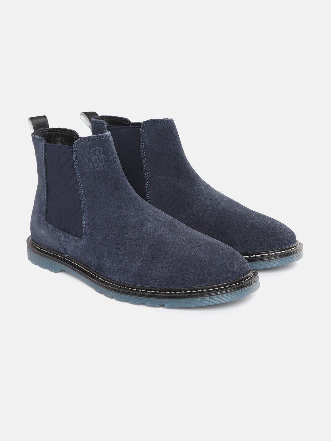 woodland men navy blue solid mid-top chelsea boots