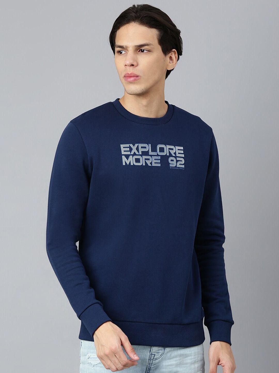 woodland men navy blue typography printed round neck cotton sweatshirt