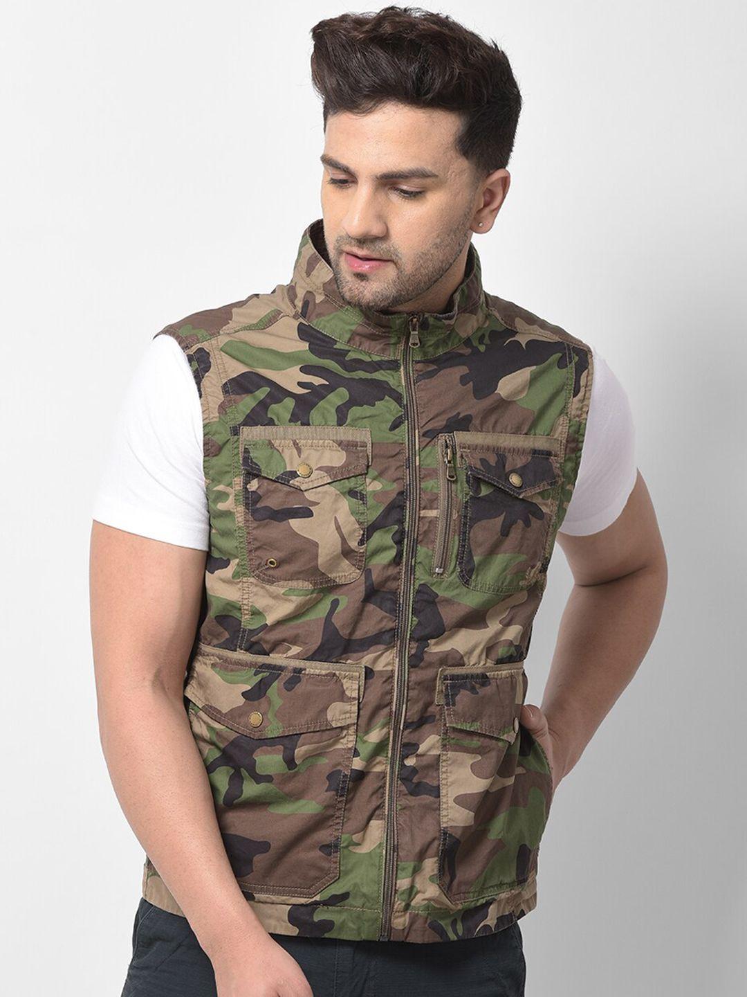 woodland men olive green & brown camouflage printed pure cotton tailored jacket