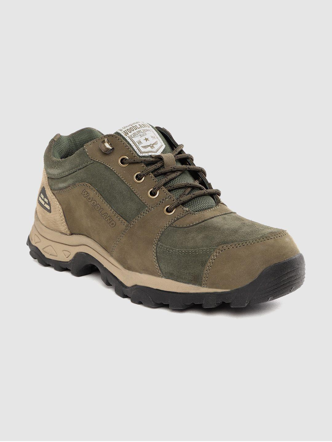 woodland men olive green solid leather trekking shoes