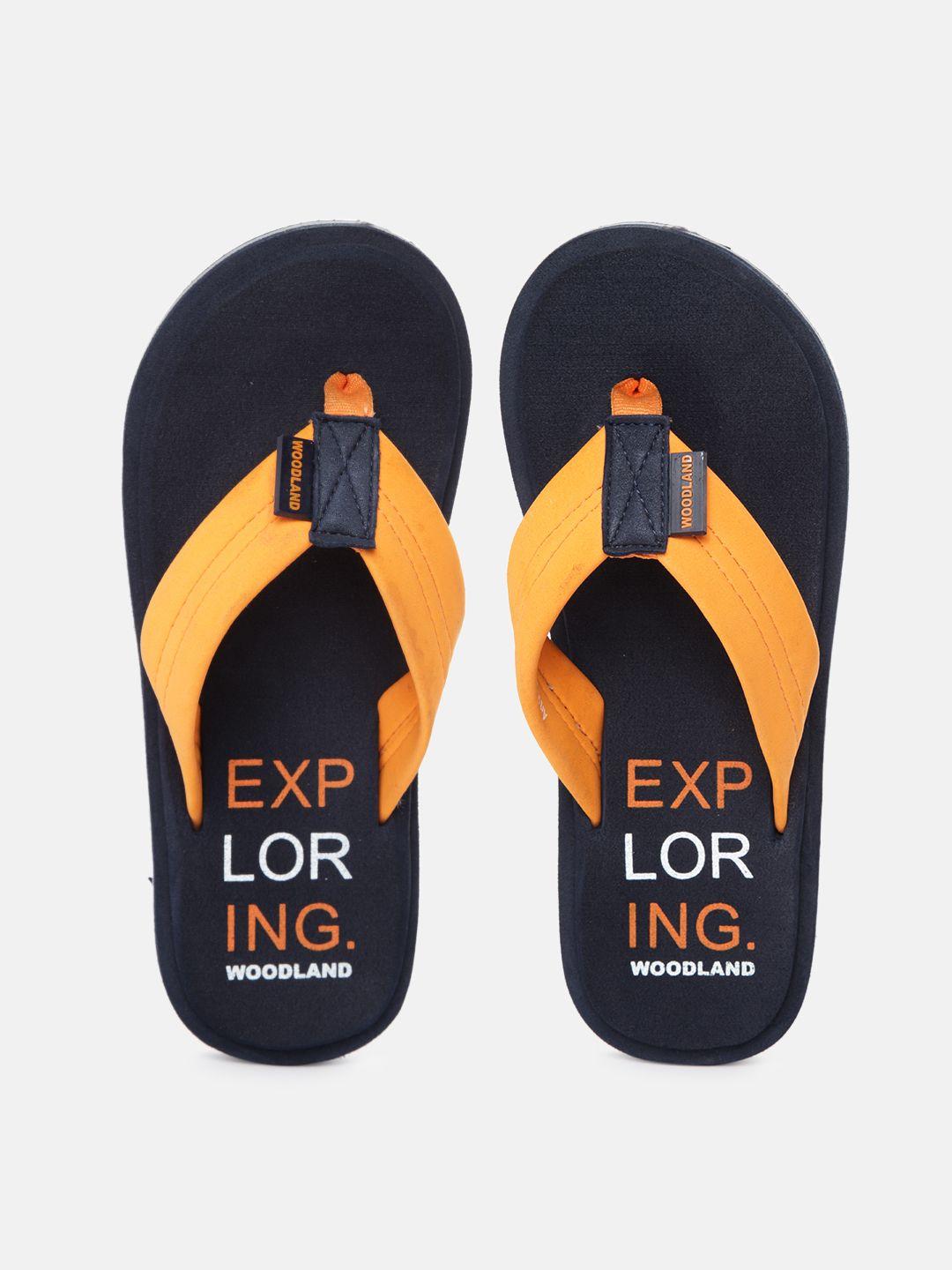 woodland men orange & navy blue printed thong flip-flops