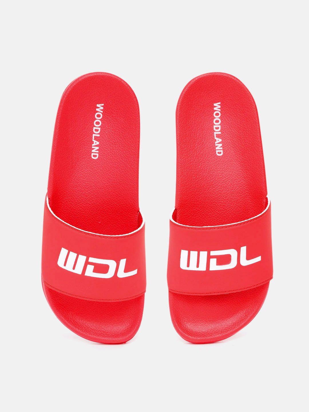 woodland men red & white brand logo print sliders