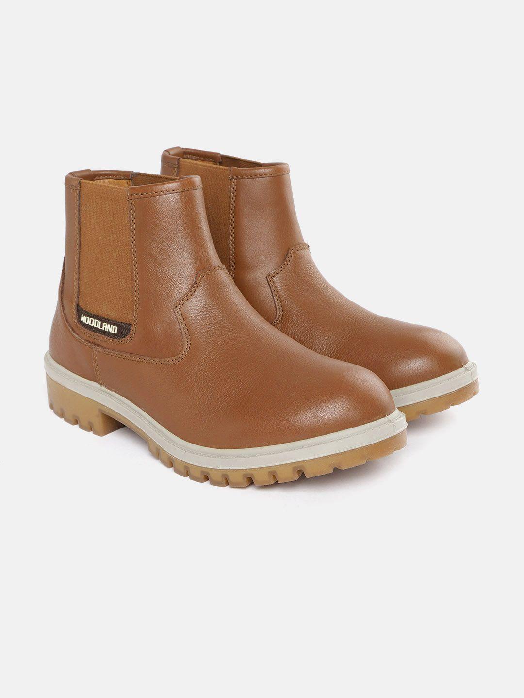 woodland men tan brown solid mid-top chelsea boots