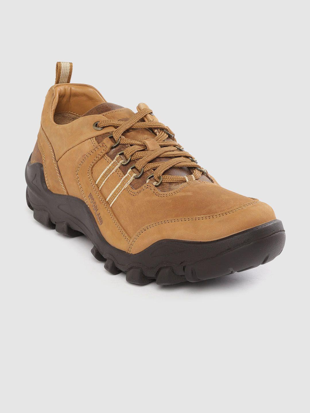 woodland men tan brown solid nubuck trekking shoes