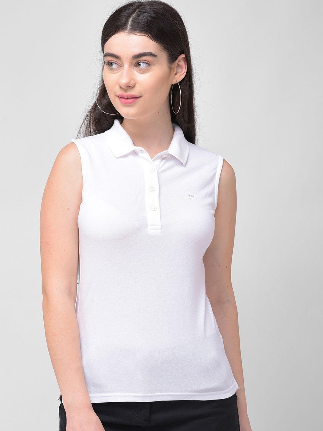 woodland woman white polo collar sleeveless t-shirt