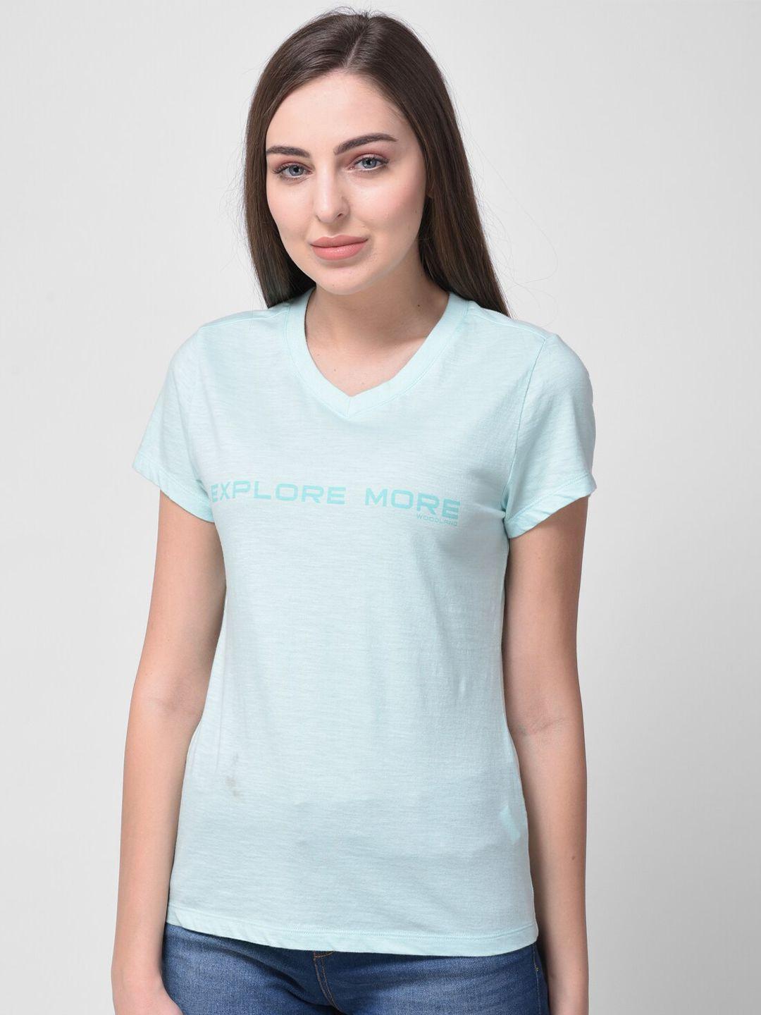 woodland women blue typography v-neck pure cotton t-shirt