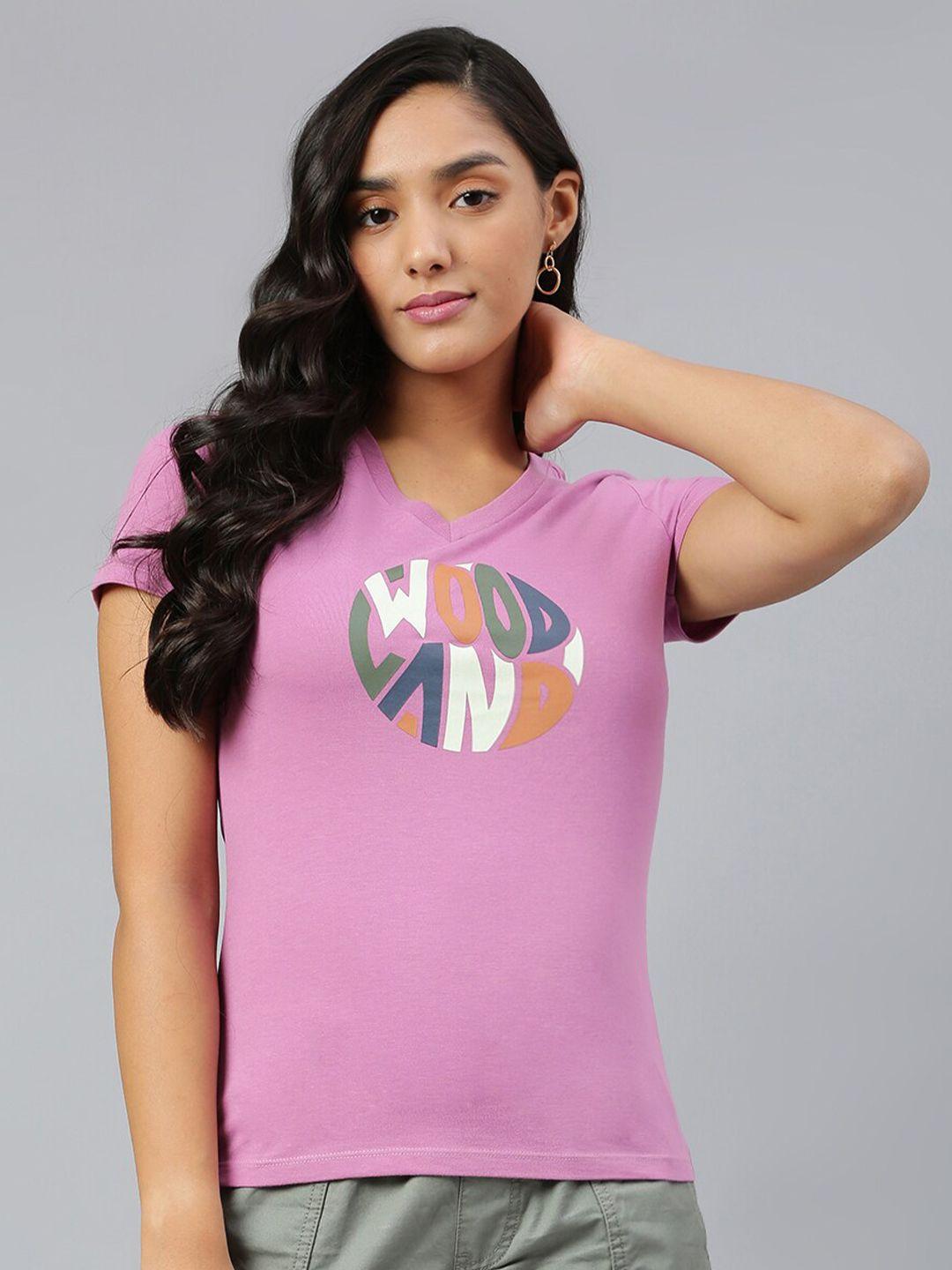 woodland women mauve typography printed v-neck t-shirt