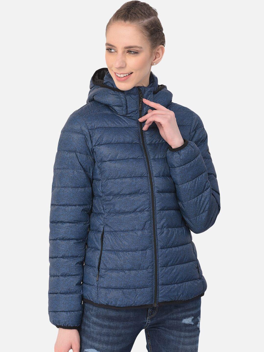 woodland women navy blue abstract printed hooded puffer jacket