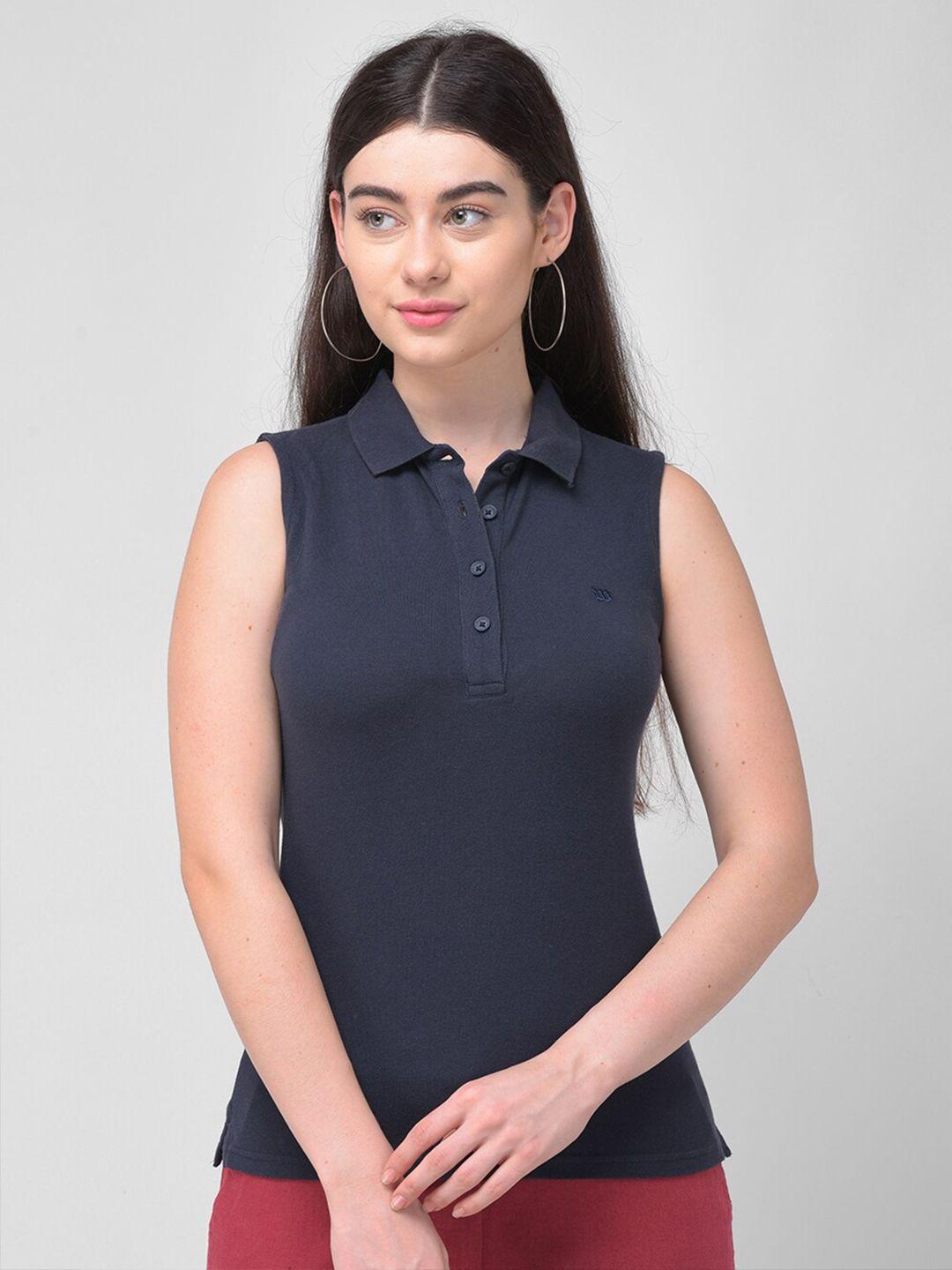 woodland women navy blue solid polo collar regular fit t-shirt