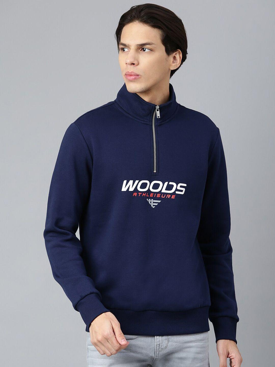 woods men navy blue printed mock collar cotton sweatshirt